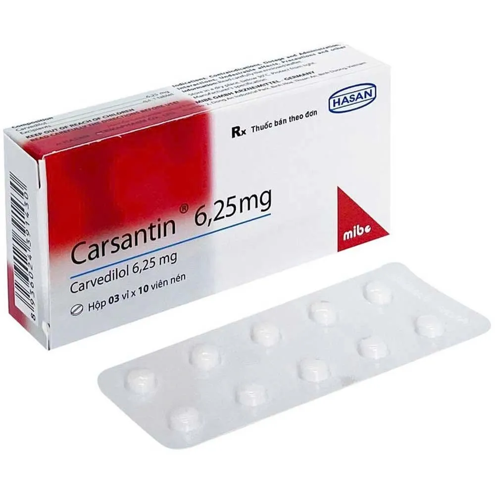 Carsantin 6,25mg Hasan (Hộp 3 vỉ x 10 viên) – Carvedilol kiểm soát huyết áp, hỗ trợ suy tim